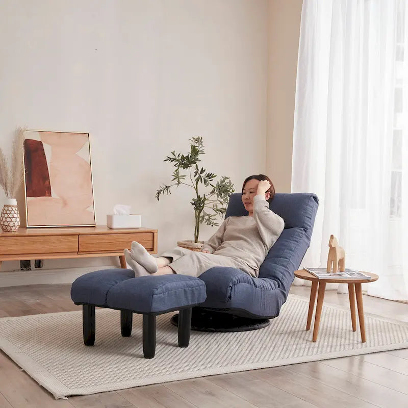 Navy Armless Swivel Recliner with Ottoman Set - Adjustable Headrest and Backrest 2