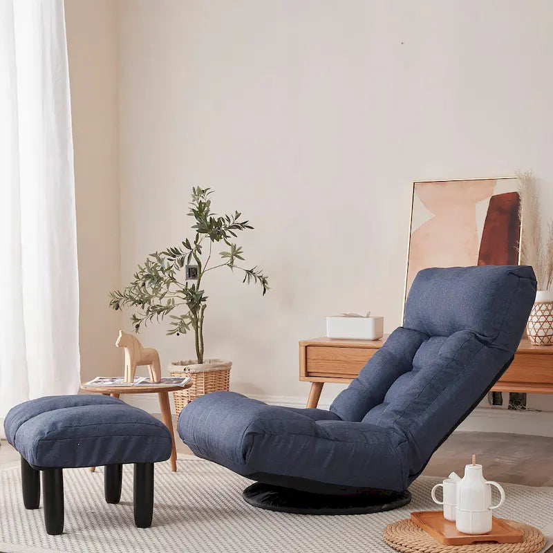 Navy Armless Swivel Recliner with Ottoman Set - Adjustable Headrest and Backrest 3