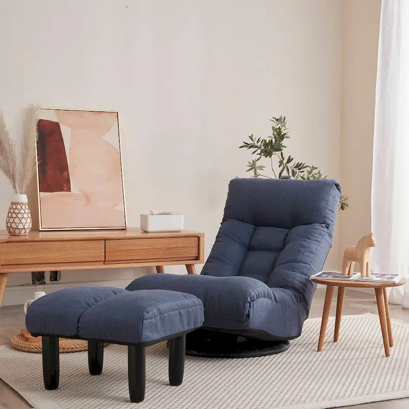 Navy Armless Swivel Recliner with Ottoman Set - Adjustable Headrest and Backrest 4