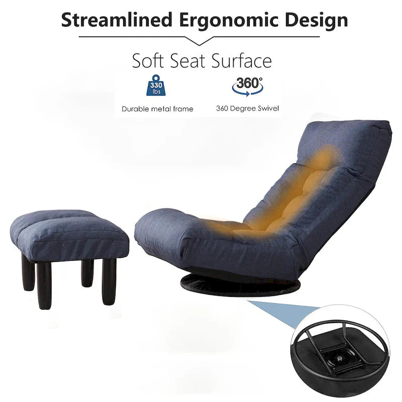 Navy Armless Swivel Recliner with Ottoman Set - Adjustable Headrest and Backrest 9