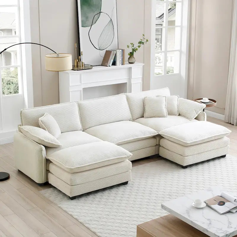 Beige 5-Piece U-Shaped Corduroy Modular Sectional Sofa Set with 2 Ottomans 15