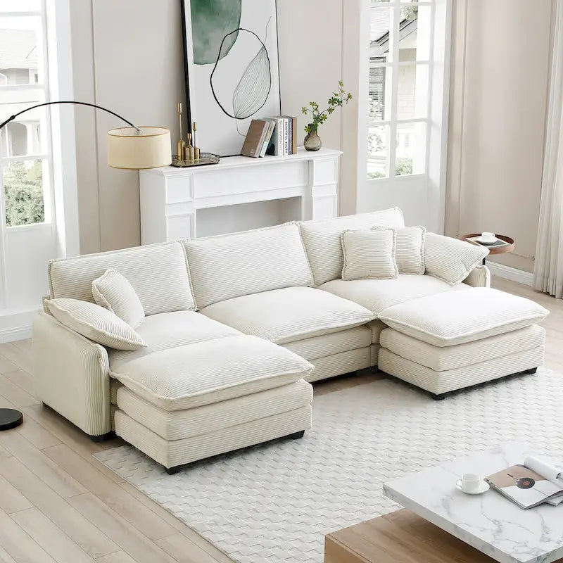 Beige 5-Piece U-Shaped Corduroy Modular Sectional Sofa Set with 2 Ottomans 1