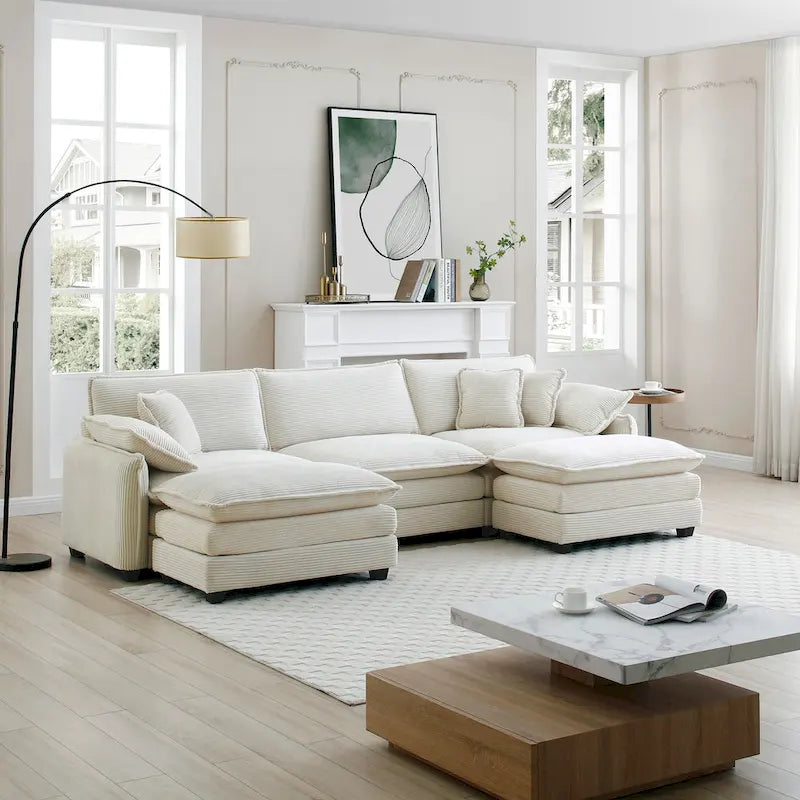 Beige 5-Piece U-Shaped Corduroy Modular Sectional Sofa Set with 2 Ottomans 3