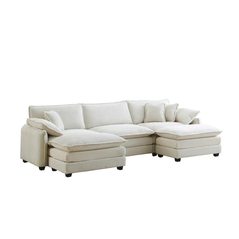 Beige 5-Piece U-Shaped Corduroy Modular Sectional Sofa Set with 2 Ottomans 5