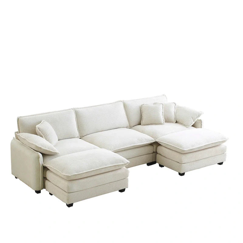 Beige 5-Piece U-Shaped Corduroy Modular Sectional Sofa Set with 2 Ottomans 6