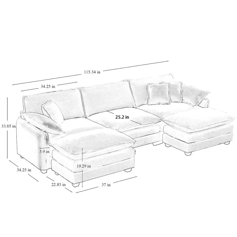 Beige 5-Piece U-Shaped Corduroy Modular Sectional Sofa Set with 2 Ottomans 9