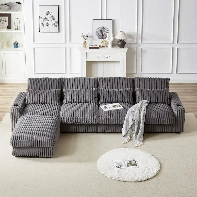 126W Large L-Shaped Corduroy Sofa with USB Charging Port 35