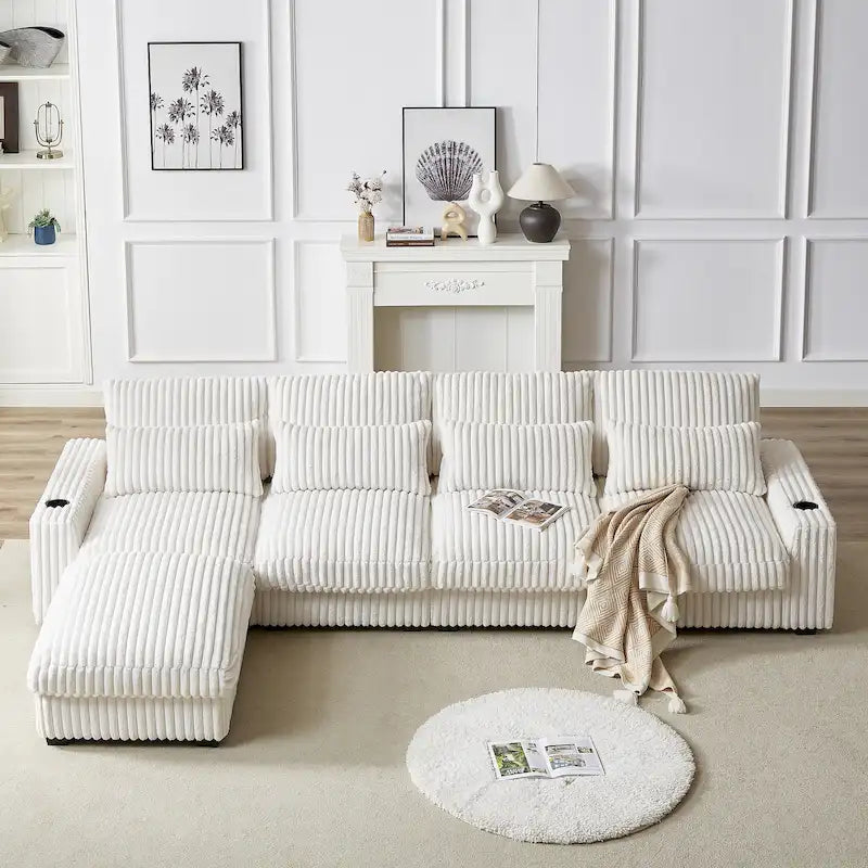 126W Large L-Shaped Corduroy Sofa with USB Charging Port 36