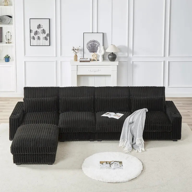 126W Large L-Shaped Corduroy Sofa with USB Charging Port 1