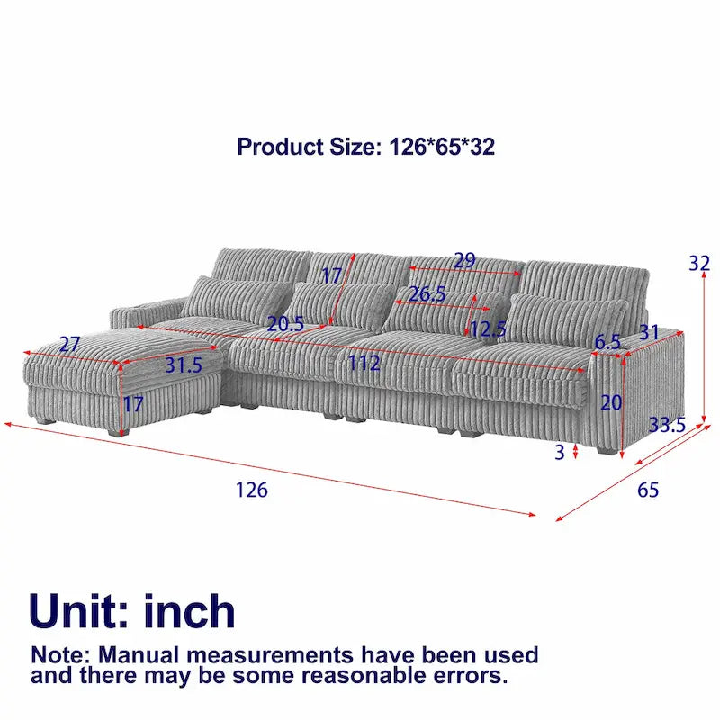 126W Large L-Shaped Corduroy Sofa with USB Charging Port 8