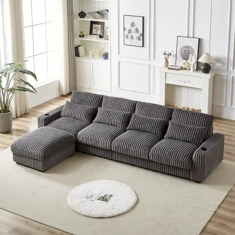 126W Large L-Shaped Corduroy Sofa with USB Charging Port 19