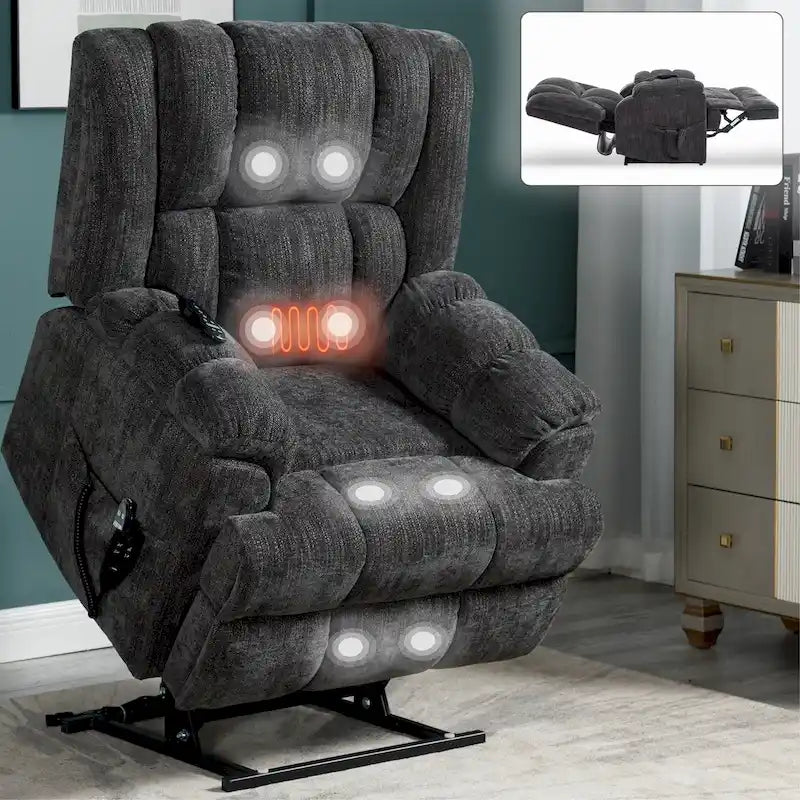 Grey Oversized Chenille Power Lift Recliner with Massage, Heating, and Flat Lay Feature 20