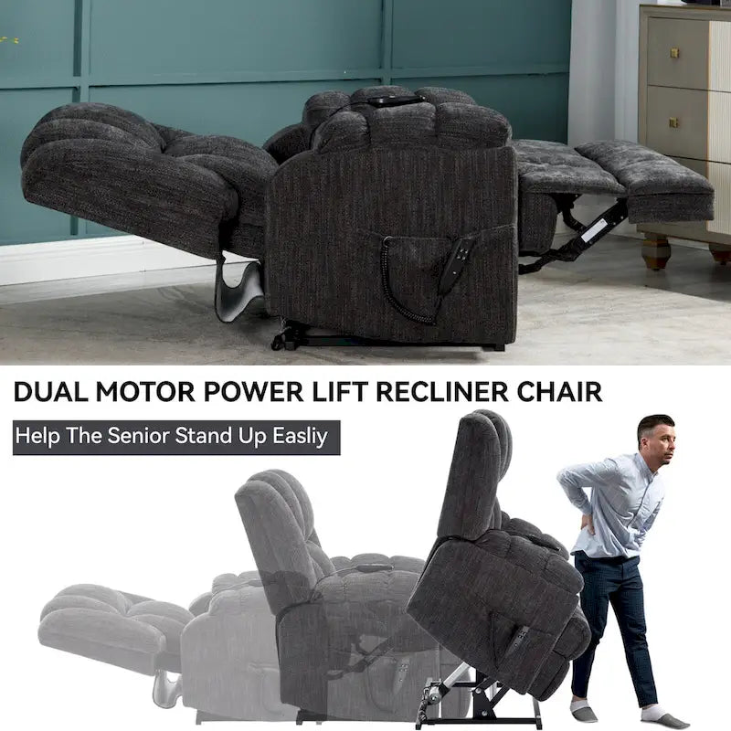 Grey Oversized Chenille Power Lift Recliner with Massage, Heating, and Flat Lay Feature 2