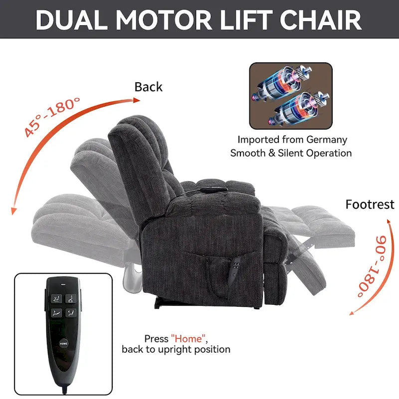 Grey Oversized Chenille Power Lift Recliner with Massage, Heating, and Flat Lay Feature 3