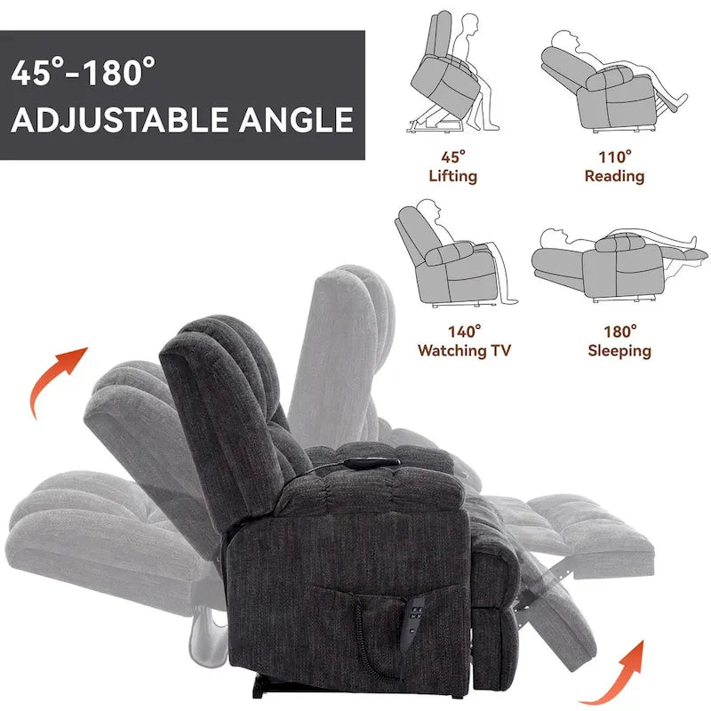 Grey Oversized Chenille Power Lift Recliner with Massage, Heating, and Flat Lay Feature 4