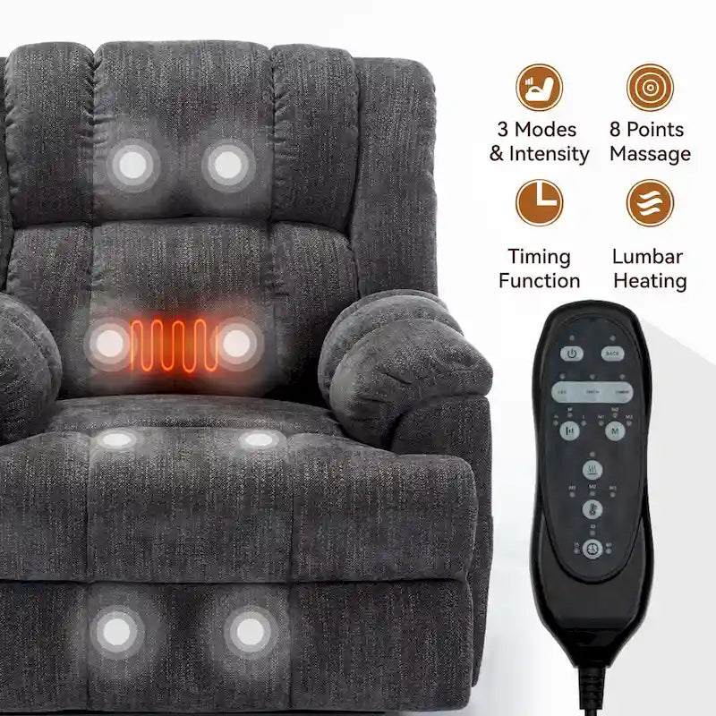 Grey Oversized Chenille Power Lift Recliner with Massage, Heating, and Flat Lay Feature 6
