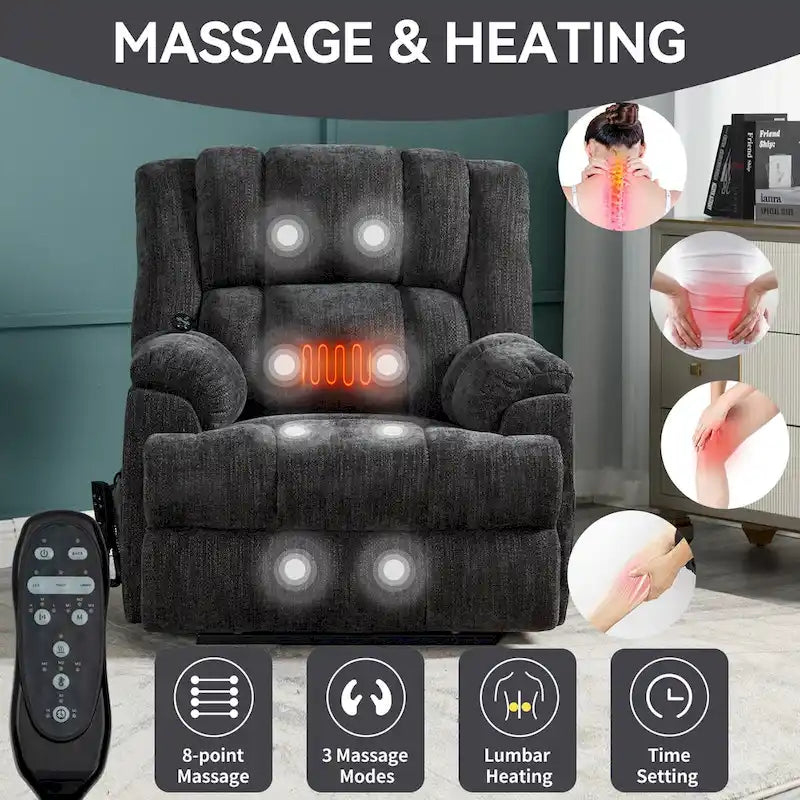 Grey Oversized Chenille Power Lift Recliner with Massage, Heating, and Flat Lay Feature 7