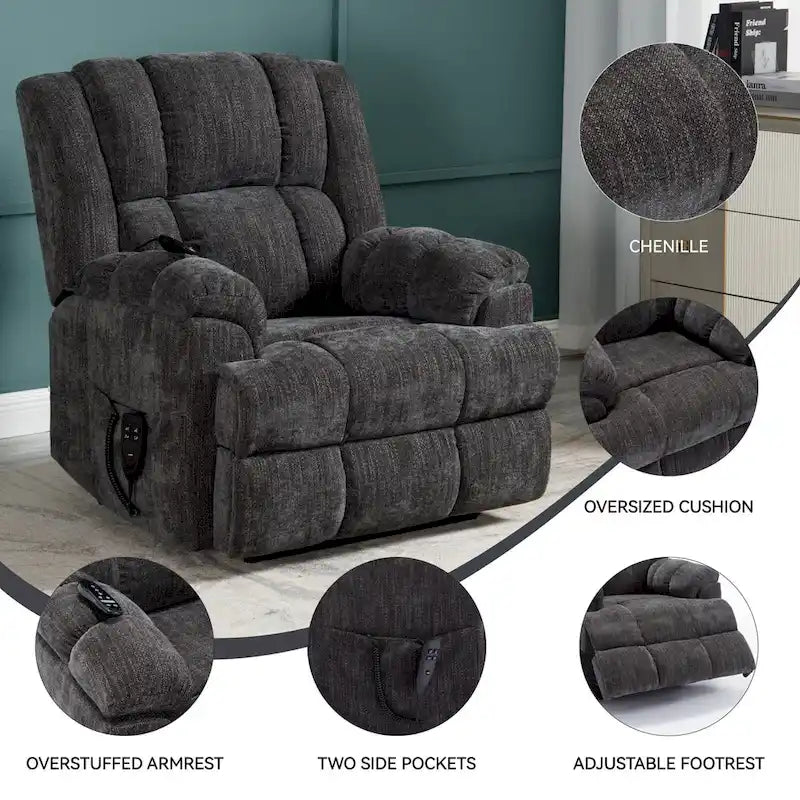 Grey Oversized Chenille Power Lift Recliner with Massage, Heating, and Flat Lay Feature 8
