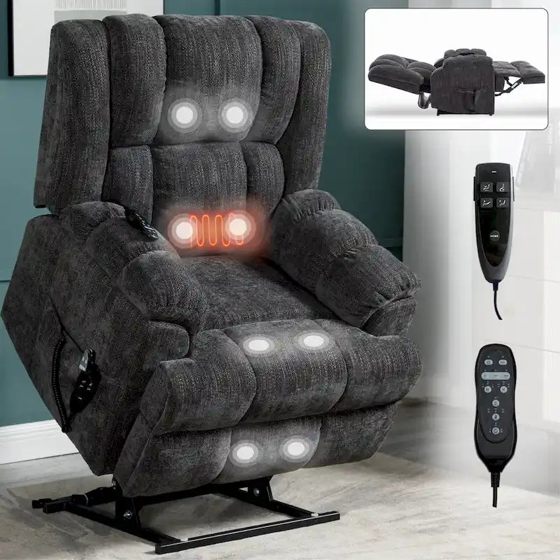 Grey Oversized Chenille Power Lift Recliner with Massage, Heating, and Flat Lay Feature 9