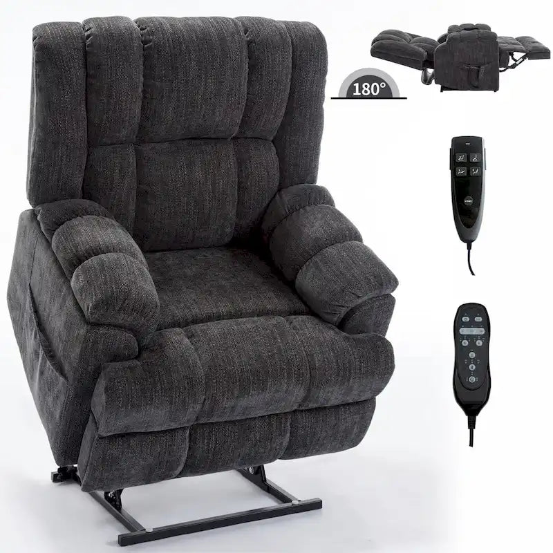 Grey Oversized Chenille Power Lift Recliner with Massage, Heating, and Flat Lay Feature 10