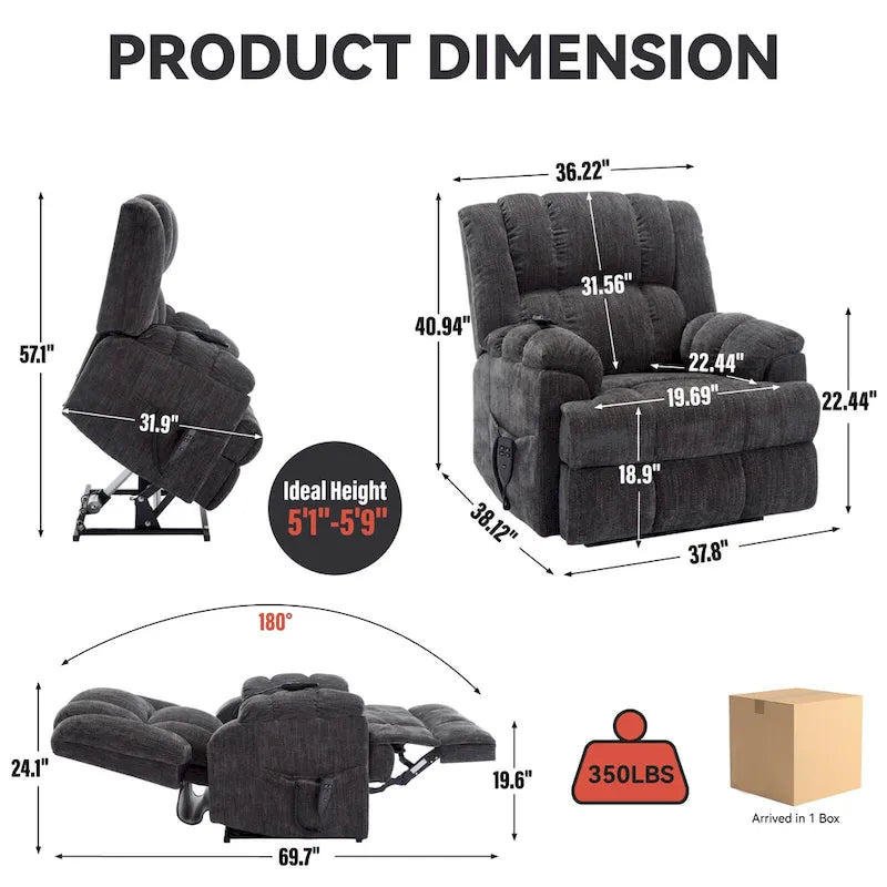 Grey Oversized Chenille Power Lift Recliner with Massage, Heating, and Flat Lay Feature 11