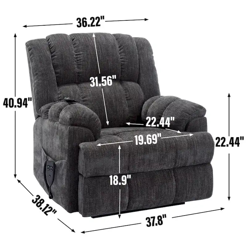 Grey Oversized Chenille Power Lift Recliner with Massage, Heating, and Flat Lay Feature 12