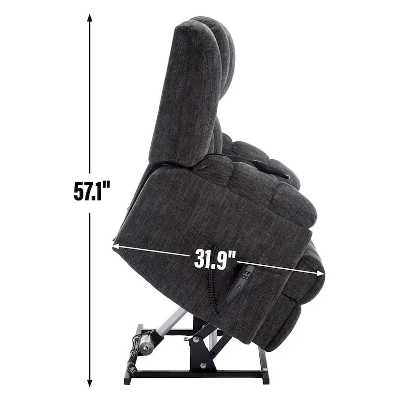 Grey Oversized Chenille Power Lift Recliner with Massage, Heating, and Flat Lay Feature 14