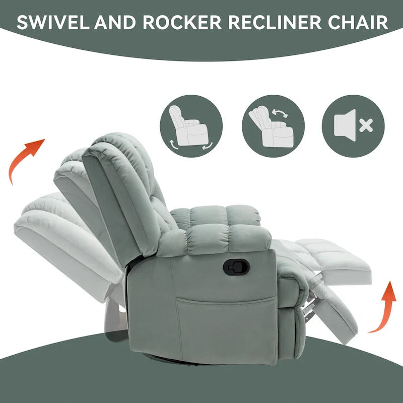 Extra-Large Swivel Rocker Recliner with Footrest and Pockets - Manual Operation 4