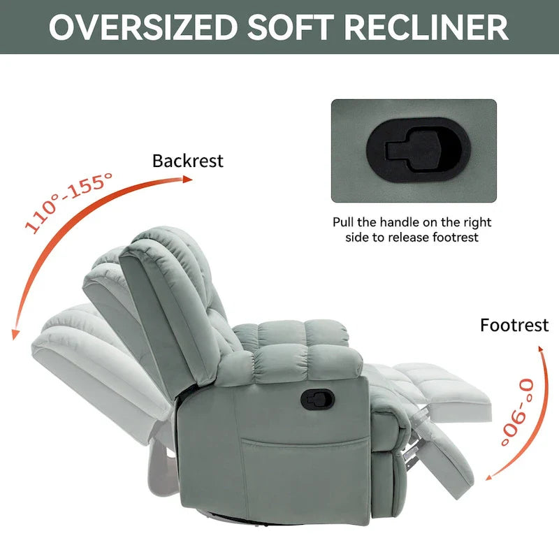Extra-Large Swivel Rocker Recliner with Footrest and Pockets - Manual Operation 5