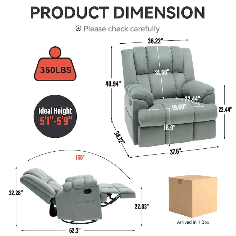 Extra-Large Swivel Rocker Recliner with Footrest and Pockets - Manual Operation 10