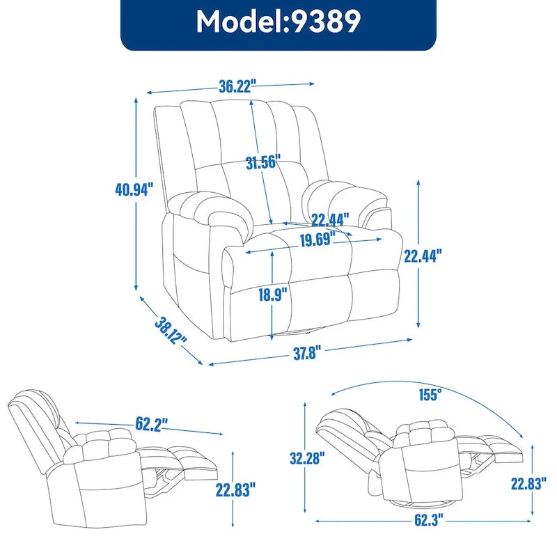 Extra-Large Swivel Rocker Recliner with Footrest and Pockets - Manual Operation 13