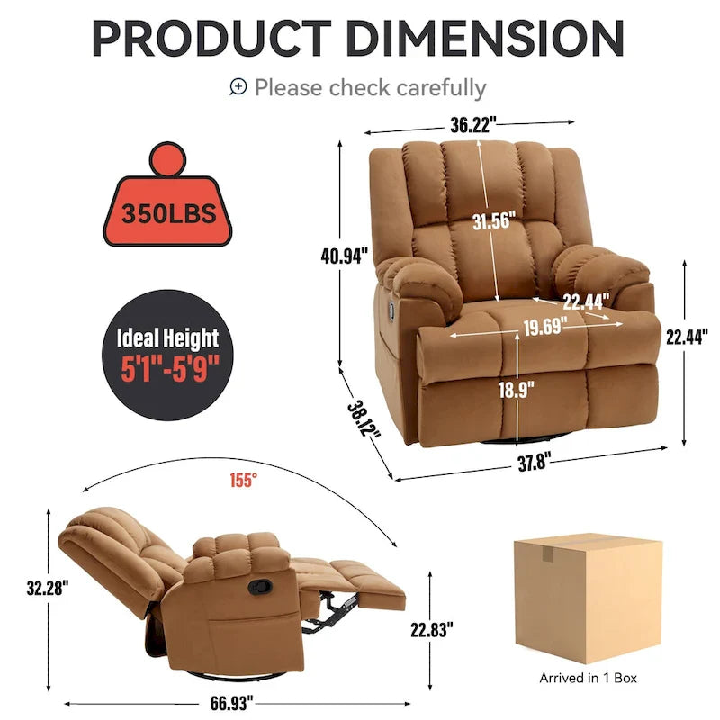 Extra-Large Swivel Rocker Recliner with Footrest and Pockets - Manual Operation 25