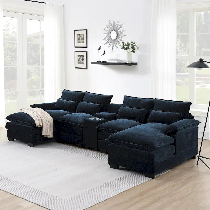 123*55 Contemporary U-Shaped Sofa with Console, Cup Holders, USB Ports, Upholstered Sleeper Couch Set with Chaise 19