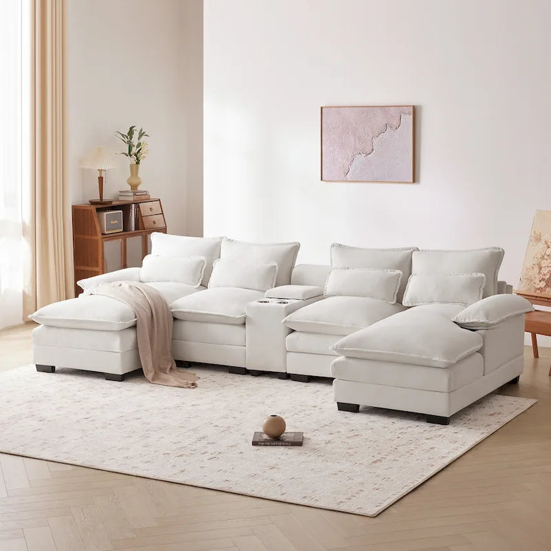 123*55 Contemporary U-Shaped Sofa with Console, Cup Holders, USB Ports, Upholstered Sleeper Couch Set with Chaise 20