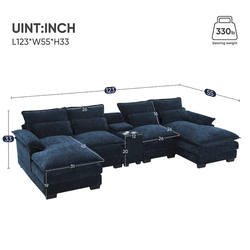 123*55 Contemporary U-Shaped Sofa with Console, Cup Holders, USB Ports, Upholstered Sleeper Couch Set with Chaise 2