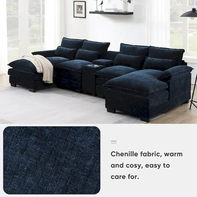 123*55 Contemporary U-Shaped Sofa with Console, Cup Holders, USB Ports, Upholstered Sleeper Couch Set with Chaise 3