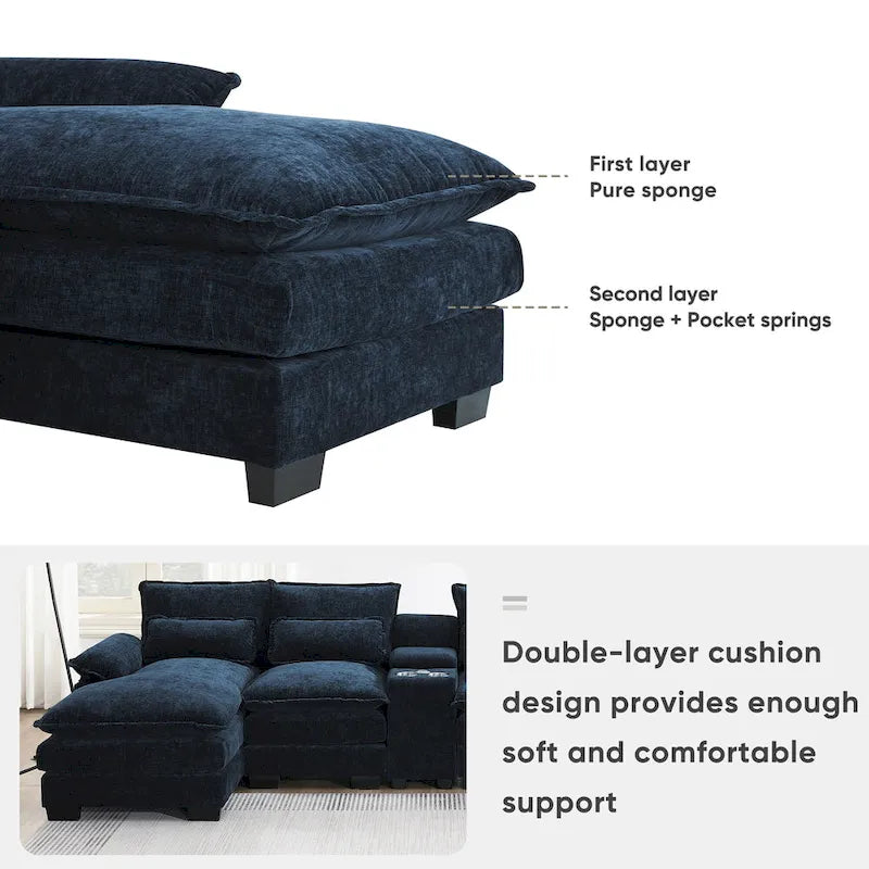 123*55 Contemporary U-Shaped Sofa with Console, Cup Holders, USB Ports, Upholstered Sleeper Couch Set with Chaise 8