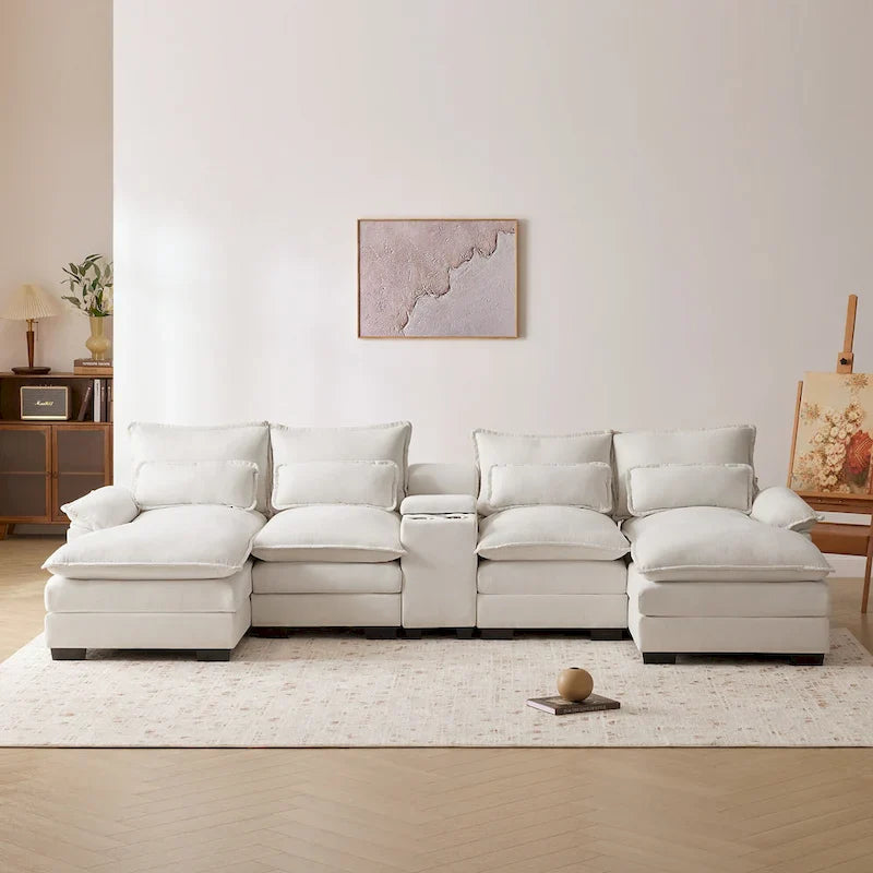 123*55 Contemporary U-Shaped Sofa with Console, Cup Holders, USB Ports, Upholstered Sleeper Couch Set with Chaise 11