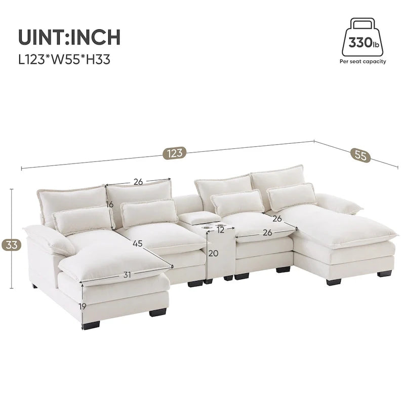 123*55 Contemporary U-Shaped Sofa with Console, Cup Holders, USB Ports, Upholstered Sleeper Couch Set with Chaise 12