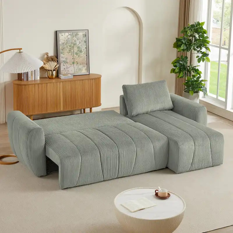 Grey 105.2" Corduroy L-Shaped Convertible Sleeper Sectional with Storage Compartment 1