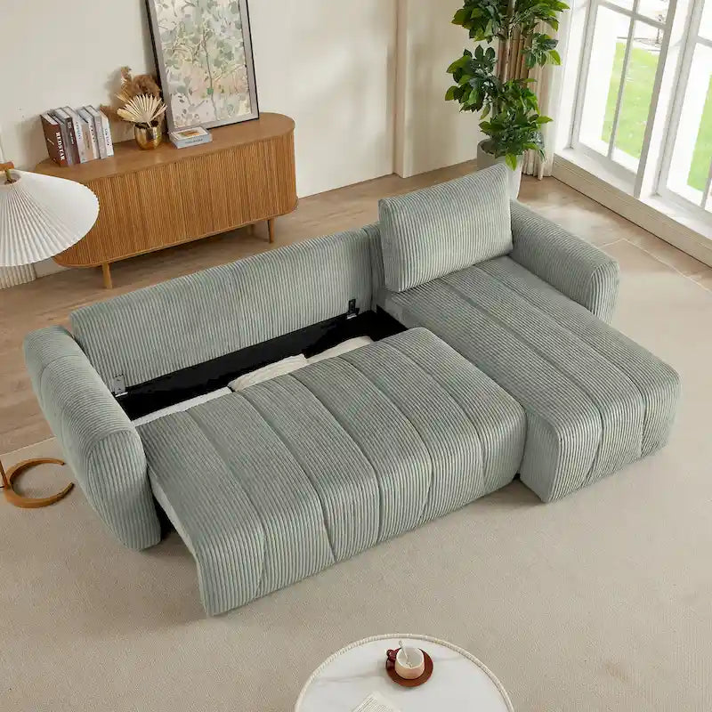 Grey 105.2" Corduroy L-Shaped Convertible Sleeper Sectional with Storage Compartment 2