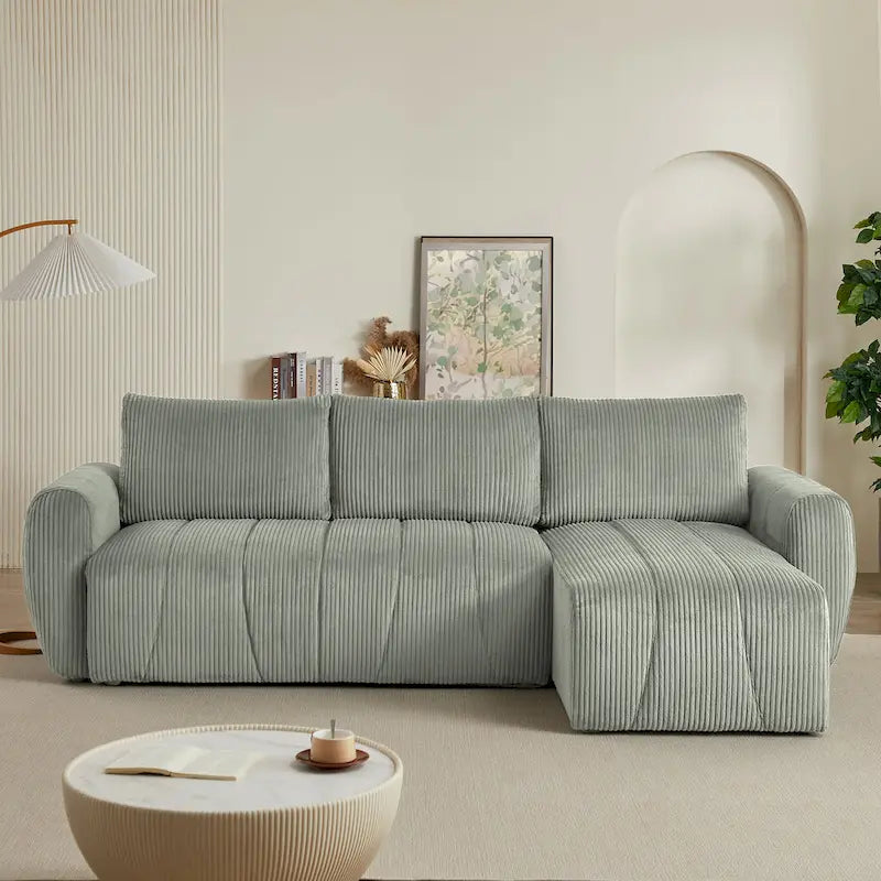 Grey 105.2" Corduroy L-Shaped Convertible Sleeper Sectional with Storage Compartment 3