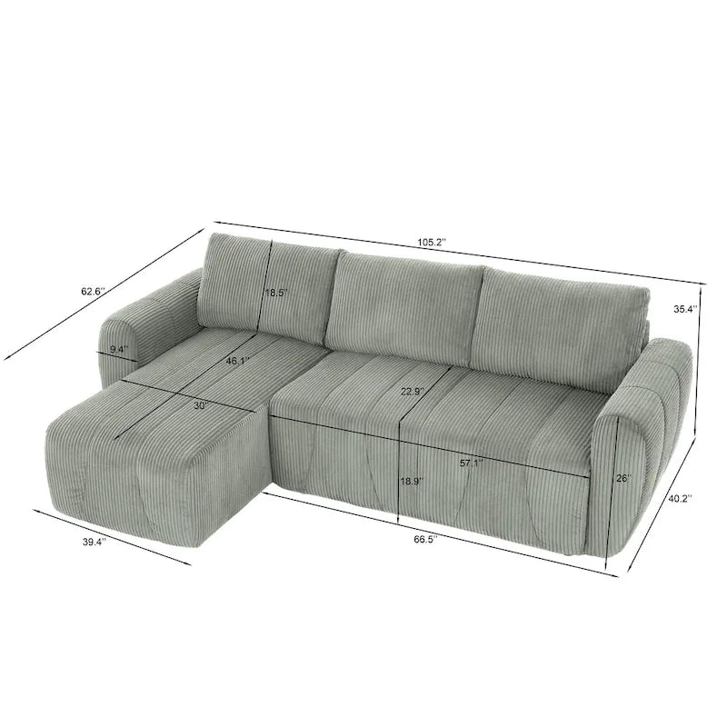 Grey 105.2" Corduroy L-Shaped Convertible Sleeper Sectional with Storage Compartment 11