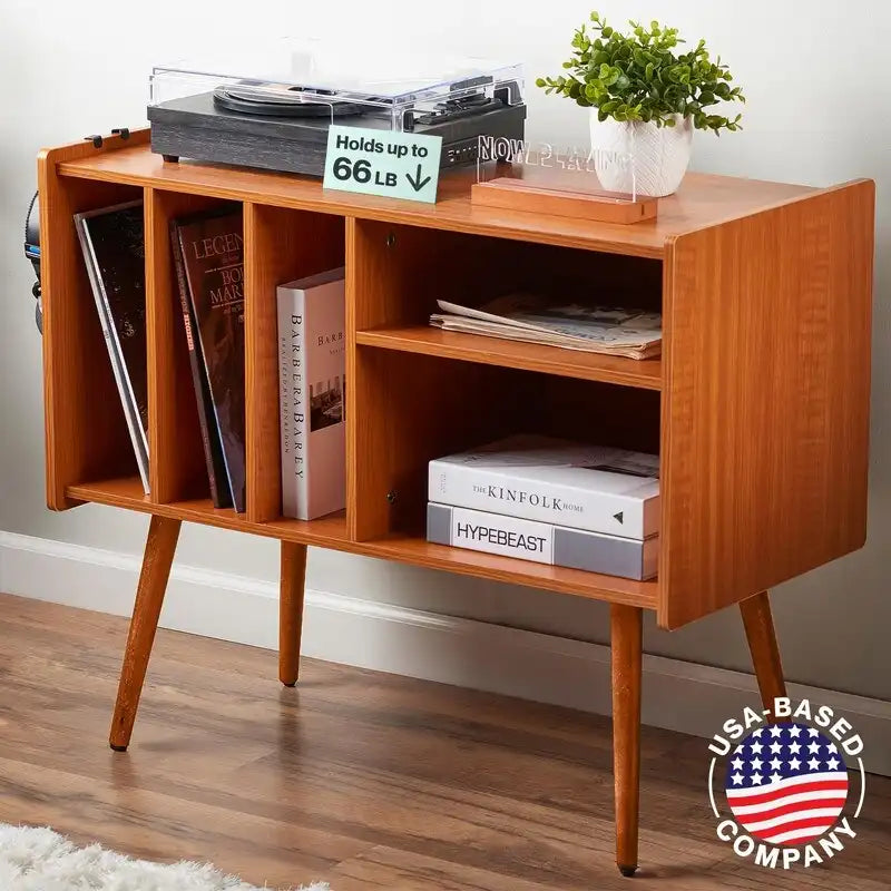 Vinyl Record Player Stand with Built-in Charging Station - Dimensions: 31D x 26W x 15H 1