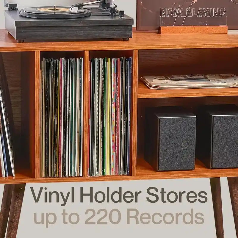 Vinyl Record Player Stand with Built-in Charging Station - Dimensions: 31D x 26W x 15H 3