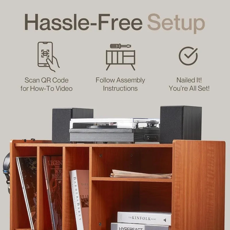 Vinyl Record Player Stand with Built-in Charging Station - Dimensions: 31D x 26W x 15H 5