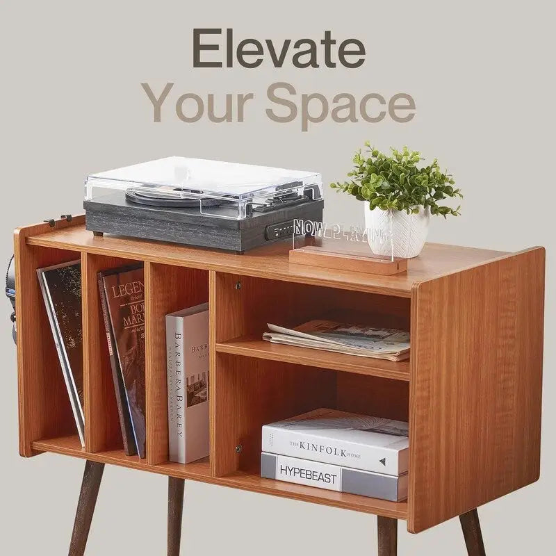 Vinyl Record Player Stand with Built-in Charging Station - Dimensions: 31D x 26W x 15H 6