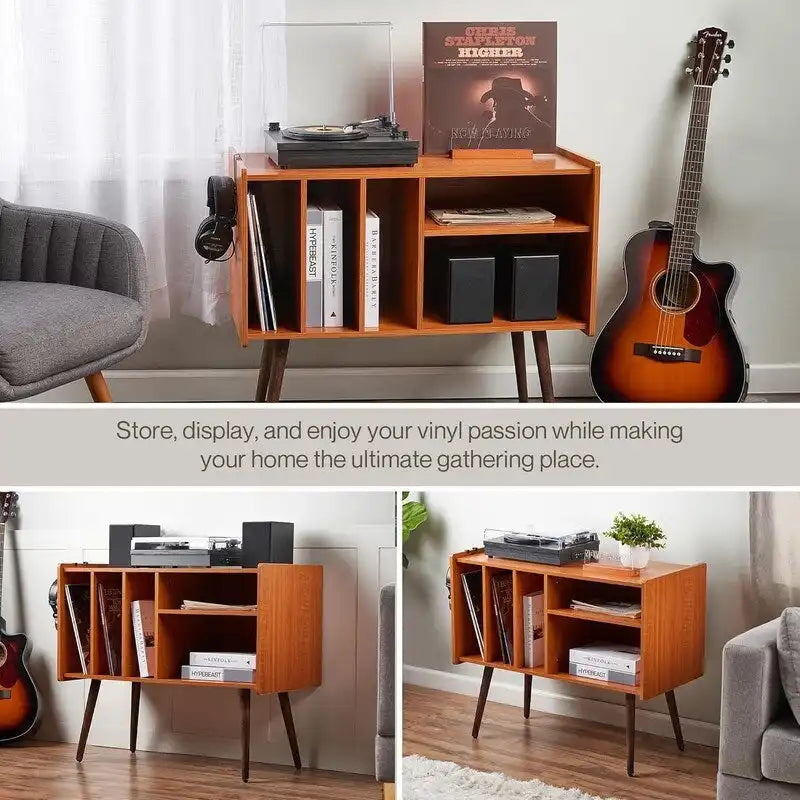 Vinyl Record Player Stand with Built-in Charging Station - Dimensions: 31D x 26W x 15H 7