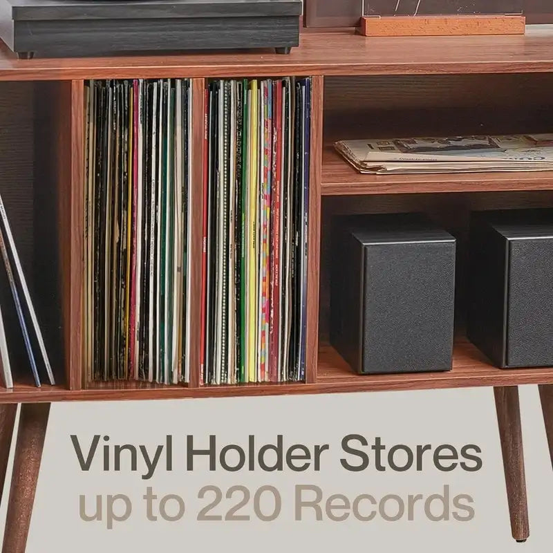 Vinyl Record Player Stand with Built-in Charging Station - Dimensions: 31D x 26W x 15H 9
