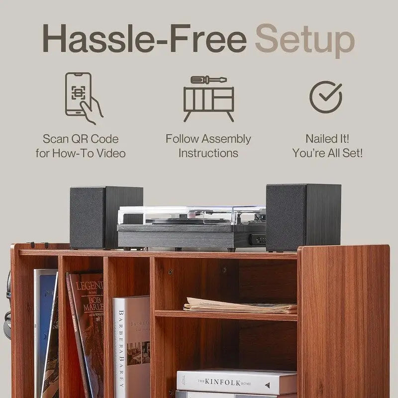 Vinyl Record Player Stand with Built-in Charging Station - Dimensions: 31D x 26W x 15H 11